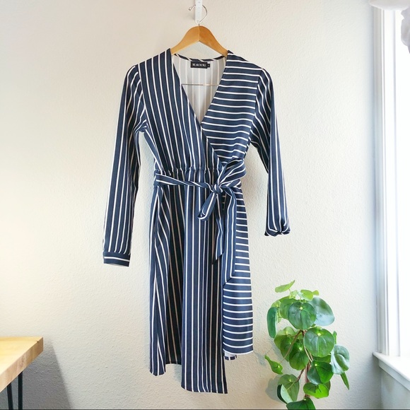 Dresses & Skirts - Navy striped wrap dress with asymmetrical hem